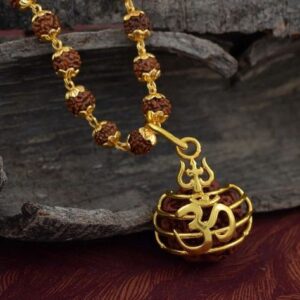 Gold-Plated Om Trishul Caged Rudraksha Pendant with Mala